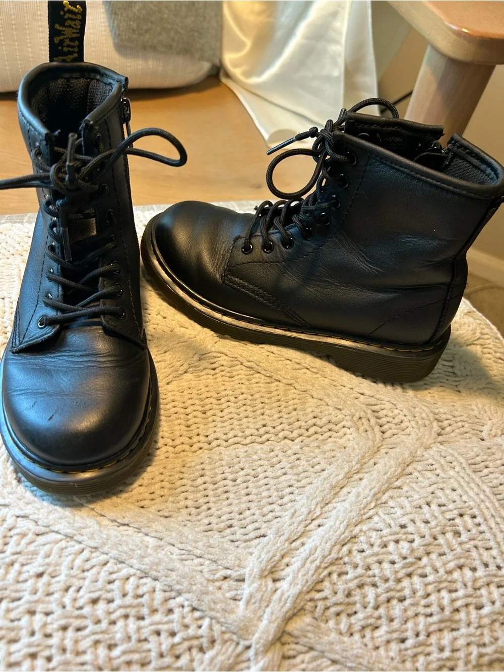 Doc Martens Black Leather Lace-Up Combat Boots with Side Zip- Girls size 1